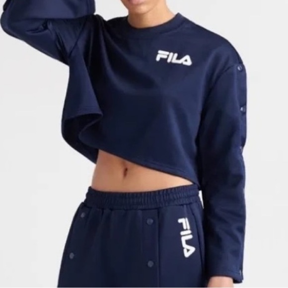 FILA Aurora Navy Blue Snap Sleeve Flared Crop Top S Sweatshirt - Picture 1 of 7